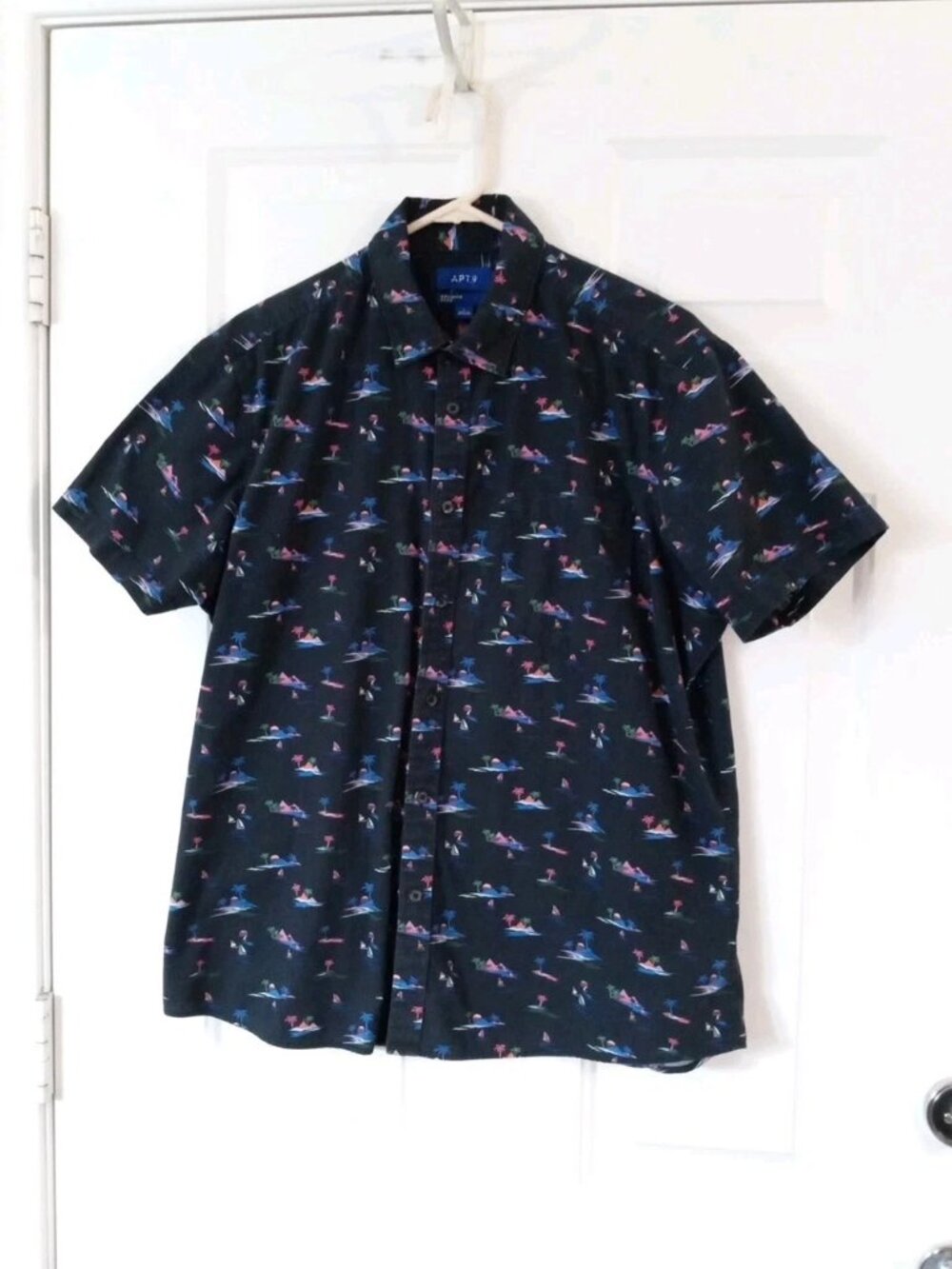 Apt 9 Men's L Premier Flex Navy Short Sleeve Button Up Shirt Palm Trees Sunset